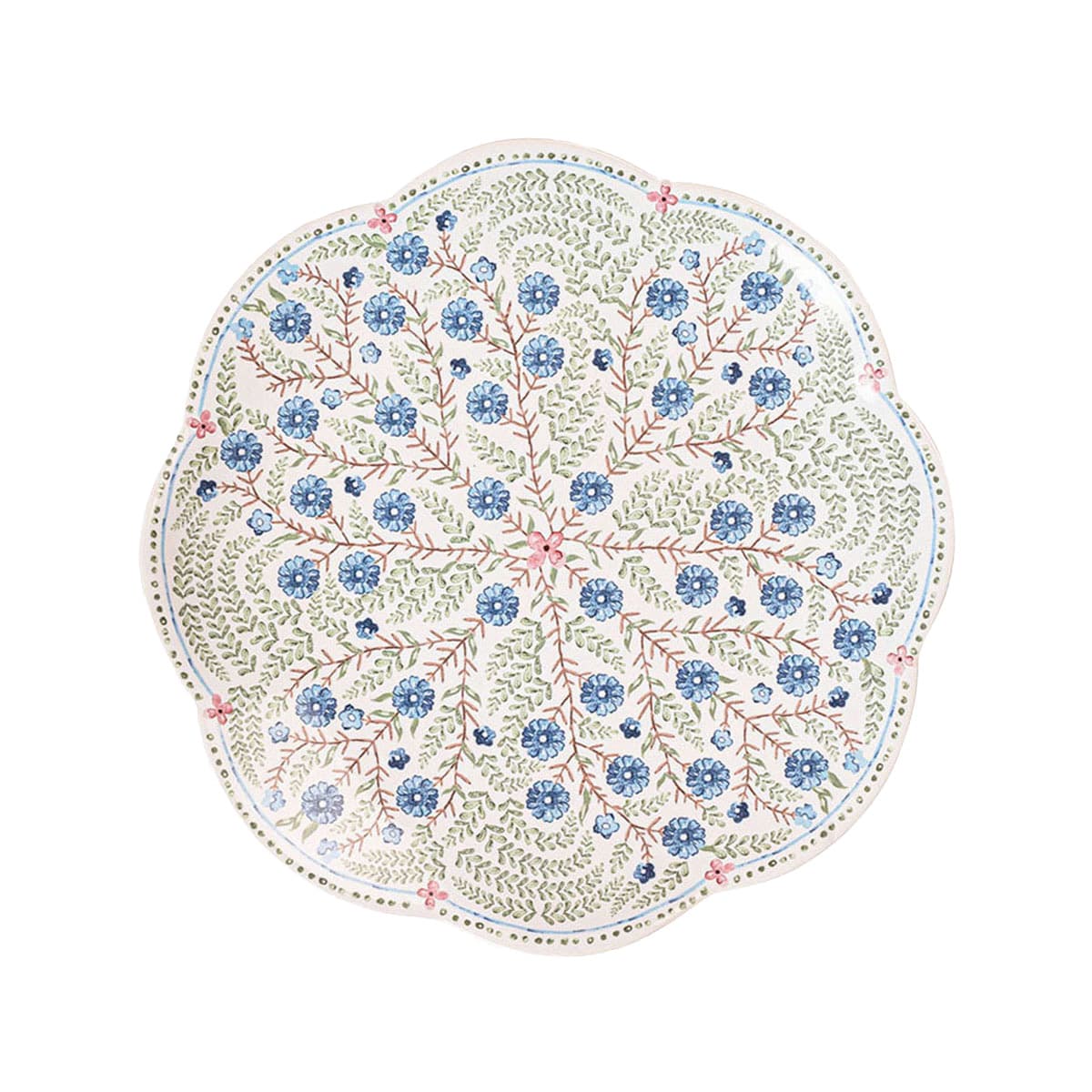 Festooned with a burst of intricate leaves, charming blue flowers and a scalloped rim with tiny dots and pink blossoms, this enchanting plate makes serving up salads and sweets a delicious work of art.