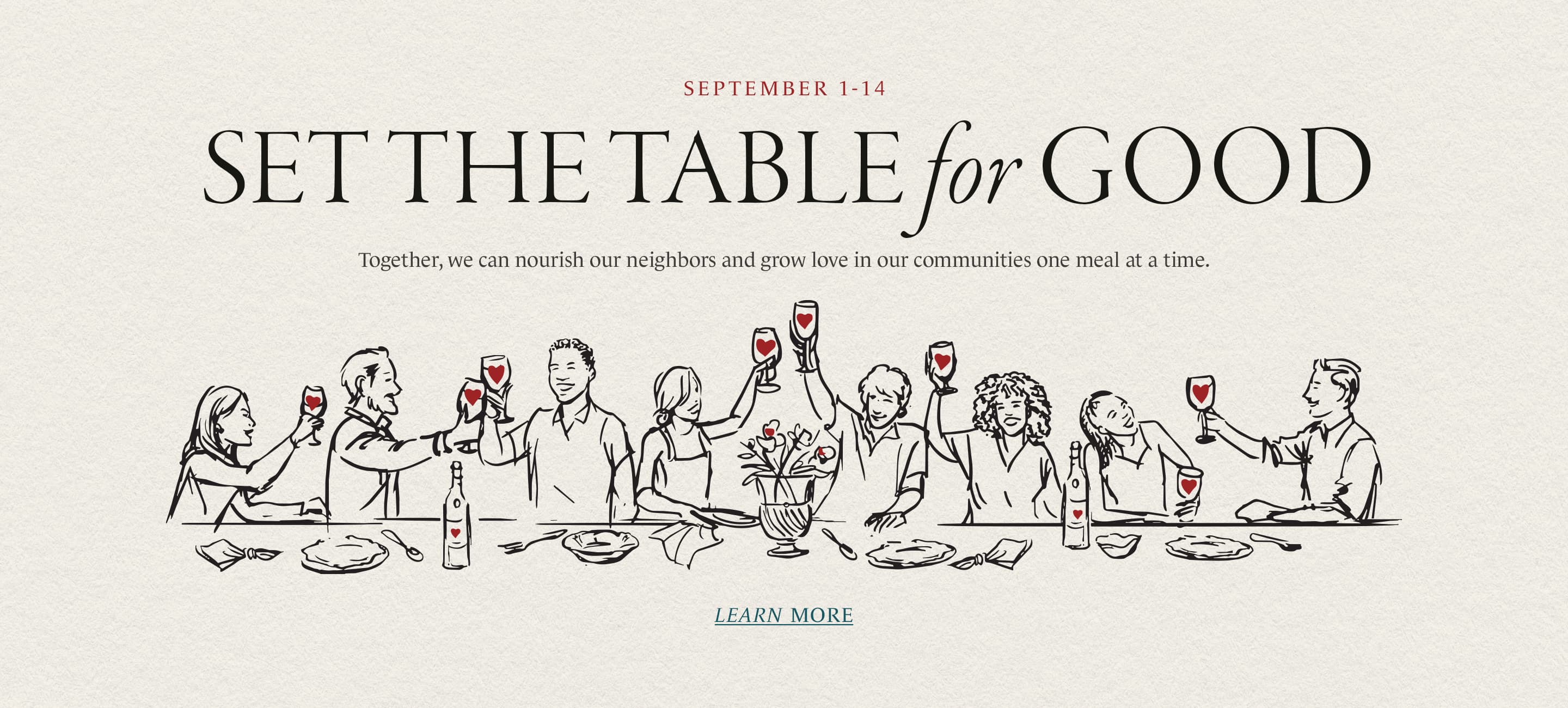 A promotional graphic with the headline 'SET THE TABLE for GOOD' and the date 'SEPTEMBER 1-14' above a line drawing of people seated at a table raising wine glasses. Smaller text reads 'Together, we can nourish our neighbors and grow love in our communities one meal at a time.