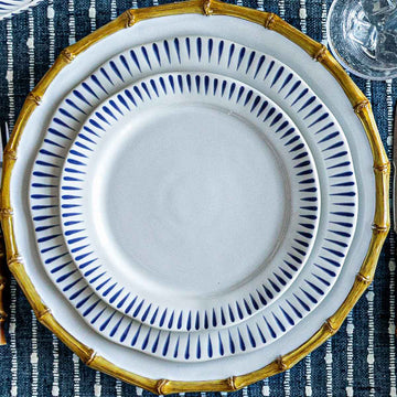 Sitio Stripe Delft Blue dinner and dessert plate on a Bamboo charger.