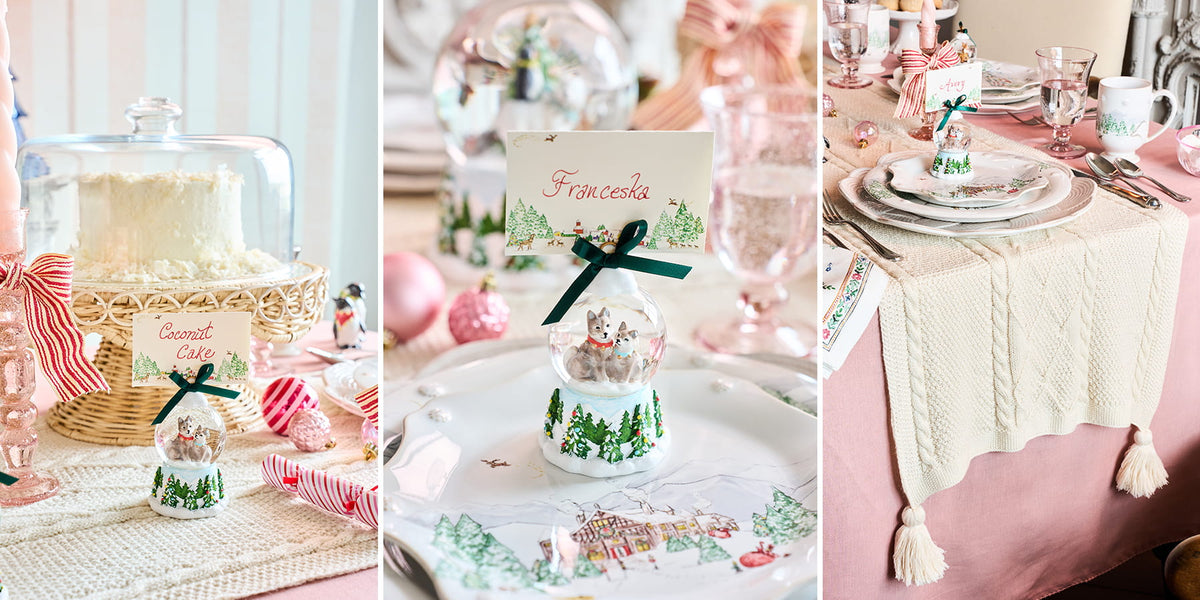 A three-panel collage showcasing elegant holiday table settings. The left panel features a white frosted cake under a glass cloche and a small glass snow globe with a 'Candy Cane' place card.