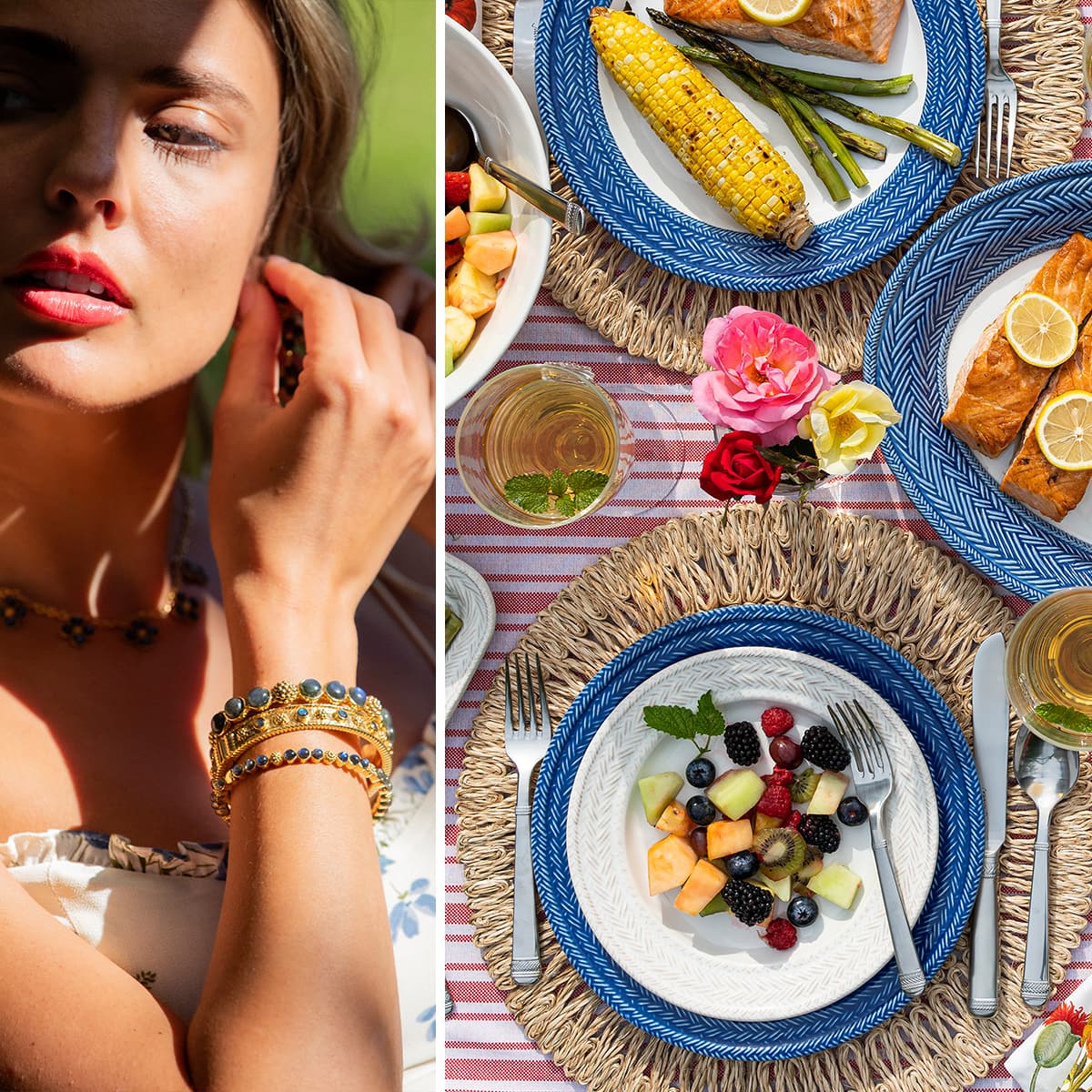 Woman with jewelry and a table setting with food and flowers.