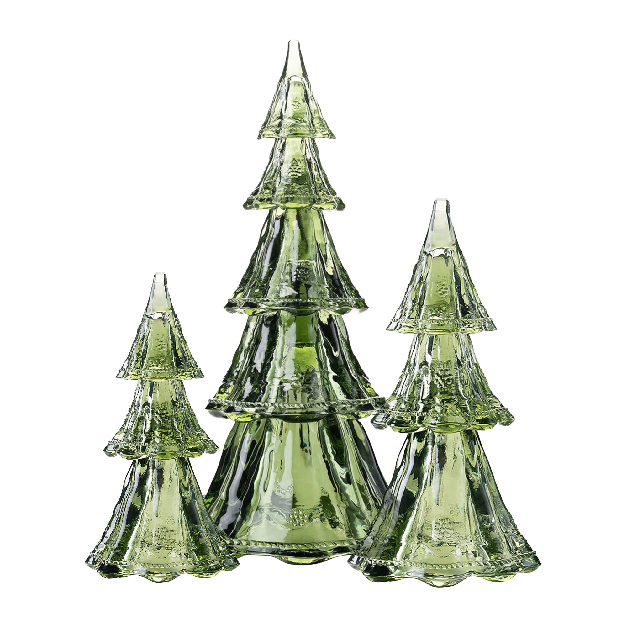 Set of green glass Christmas trees on a white background