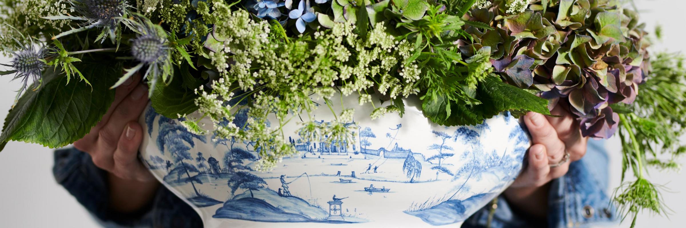 Country Estate Delft Blue Tureen with flowers.