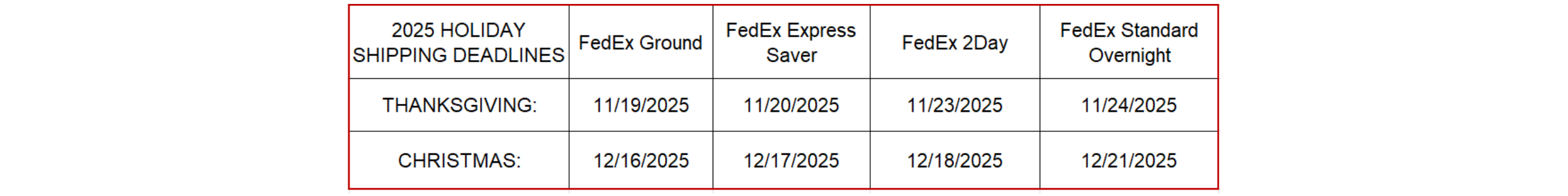 FedEx shipping deadlines for holiday orders on a white background
