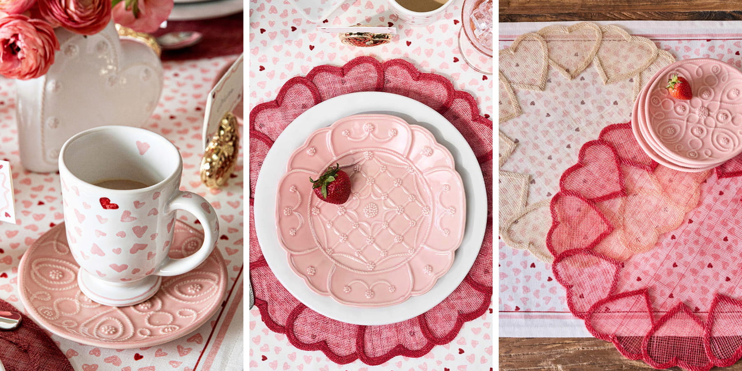 Set of pink and white tableware with heart designs on a wooden surface.