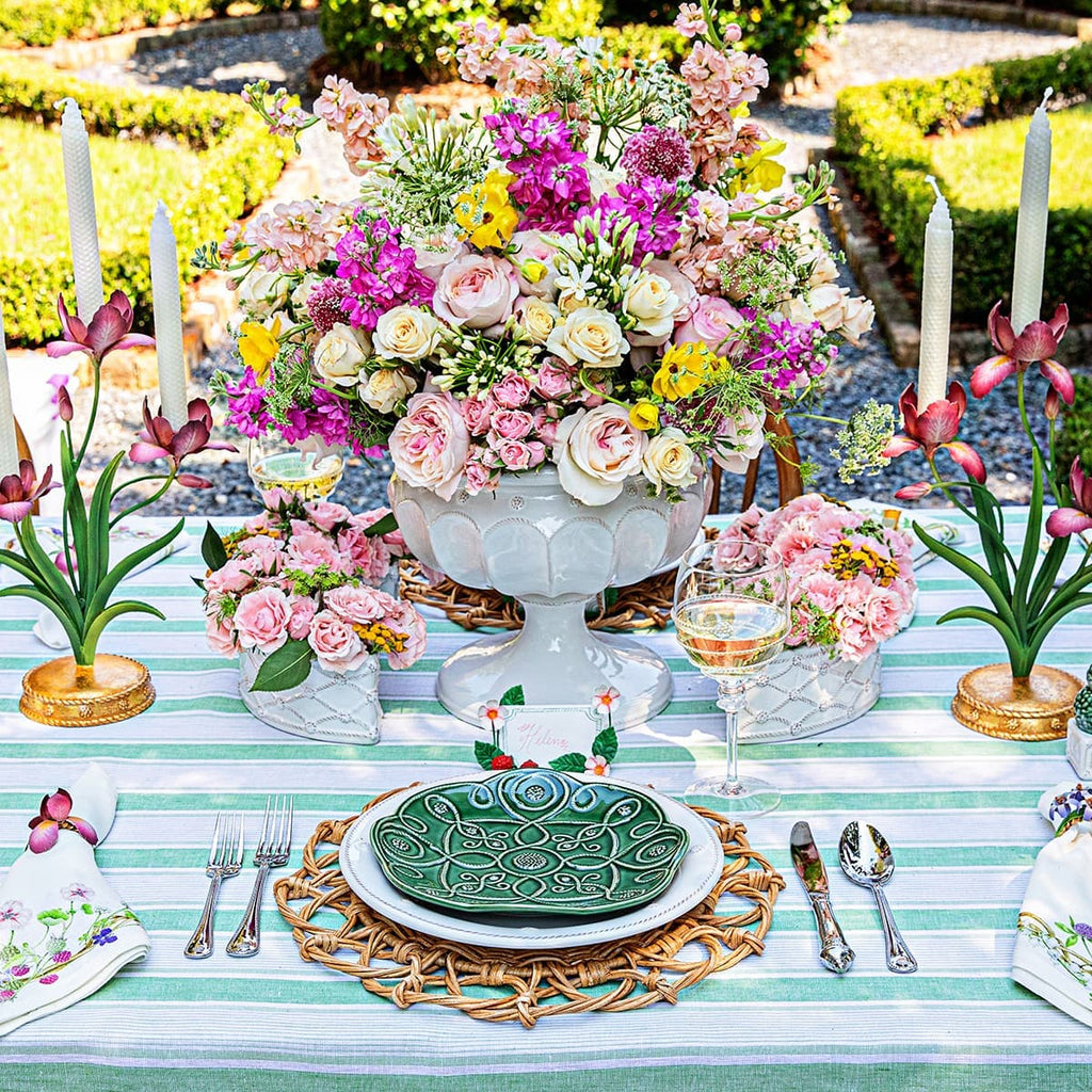Image showing Berry & Thread vases filled with flowers, Amalia wine glasses, and Meadow Walk collection displayed within a place setting