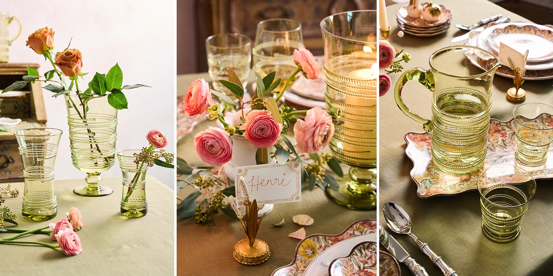 Three-panel collage showing coordinated table settings with translucent ribbed glassware, including stemware, pitchers, and tumblers, styled with pink roses and linens in warm indoor dining environments.
