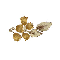 A botanical illustration of a flowering branch with four bell-shaped flowers and two leaves, rendered in muted gold and beige tones on a plain white background.