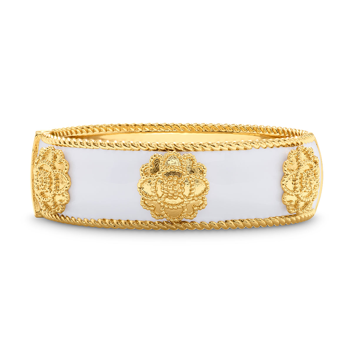 Hinged cuff with gold and white enamel.