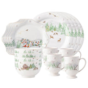A 16 piece set for the North Pole collector and Holiday entertainer, this set includes: 4 dinner plates, 4 dessert/salad plates, 4 cereal/ice cream bowls and 4 mugs.