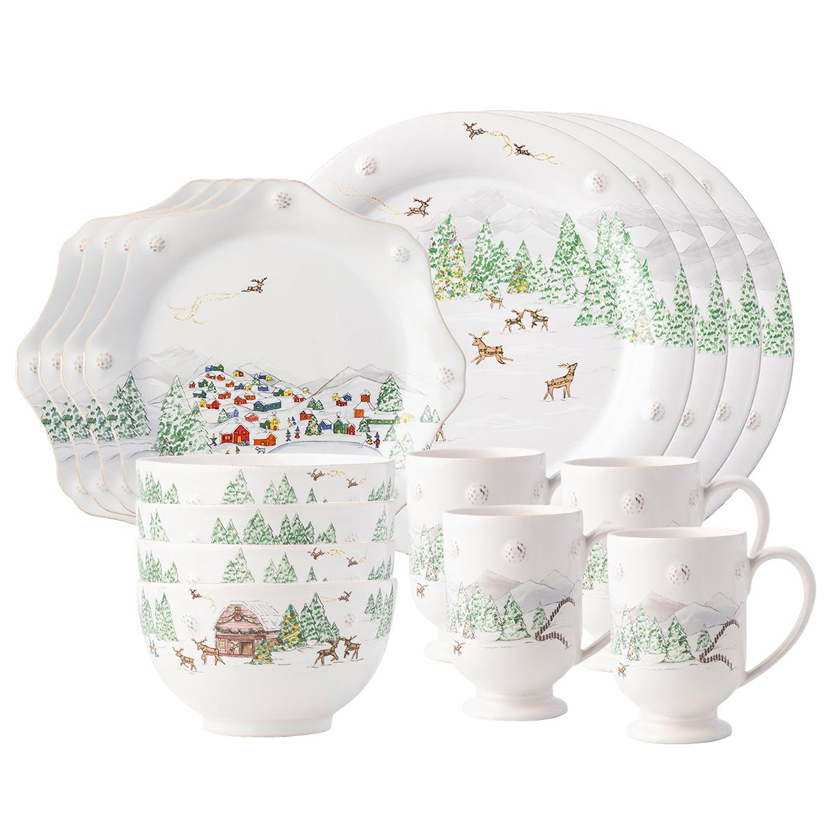 A 16 piece set for the North Pole collector and Holiday entertainer, this set includes: 4 dinner plates, 4 dessert/salad plates, 4 cereal/ice cream bowls and 4 mugs.