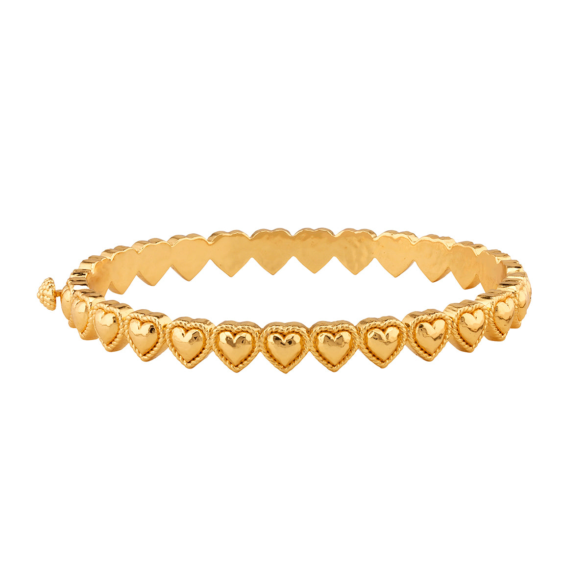 Consider this a “green light” to wear your heart on your sleeve—whether it’s to the office, cozying up at home, or dancing the night away. Made of bright, hammered gold for a shimmering effect, this bangle is beautiful alone or in a bracelet stack—with its silhouette of hearts that brings a little bit of love to your everyday and special occasions alike.
