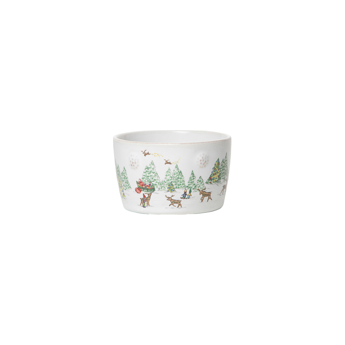 A versatile item every kitchen needs, bedecked for the Holidays with scences from our magical interpreations of the folkloric world of the North Pole! Use to house artisinal marshmallows or chocolate shavings for a hot cocoa bar, an assortment of sprinkles for an afternoon of cookie decorating - or scatter them about to hold spare change, loose keys or anything else you need to keep close at hand.