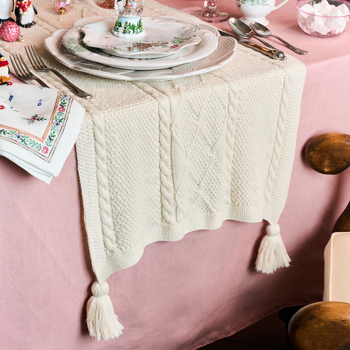 Berry & Thread Cable Knit 18" x 108" Table Runner - Ivory - alternate angle