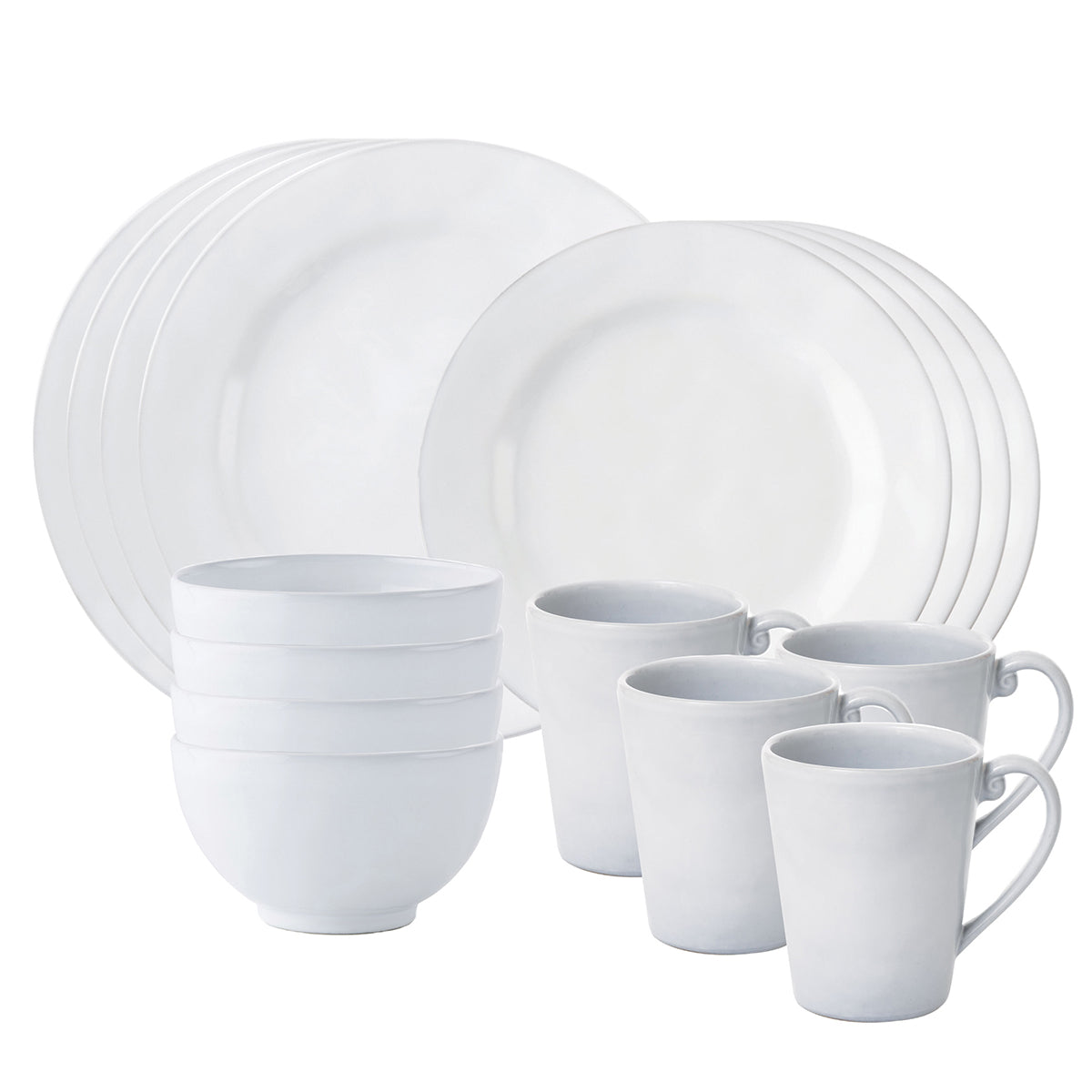 From our Quotidien Collection - Fresh and simple. Timeless and elegant. Our handsome white Quotidien 16 piece set provides service for four and includes 4 dinner plates, dessert/salad plates, cereal/ice cream bowls and mugs.