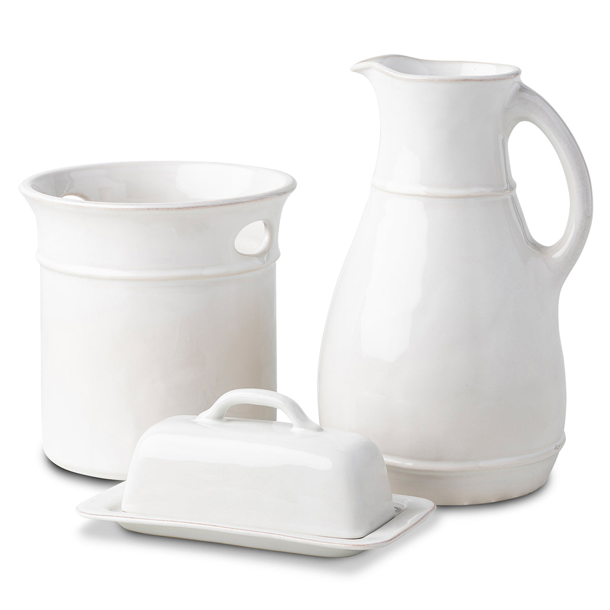 Everyday necessities for the well-equipped kitchen, this set includes a utensil crock, butter dish and pitcher/vase, all in our timeless whitewash glaze.
