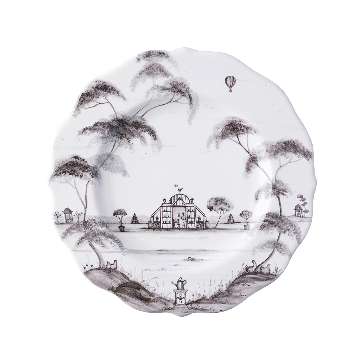 From our Country Estate Collection- The Conservatory is a serene place of growth and nurturing, reminding us to spend time with loved ones over al fresco summertime lunches. Our scalloped plate pairs superbly with long conversations and perfumed salads plucked from the herb garden. Or for a solitary respite, spend an afternoon penning sonnets in the Reading Pavilion with a slice of spiced chocolate cake. Featuring: Conservatory, Reading Pavilion, Hen House, and Balloon.