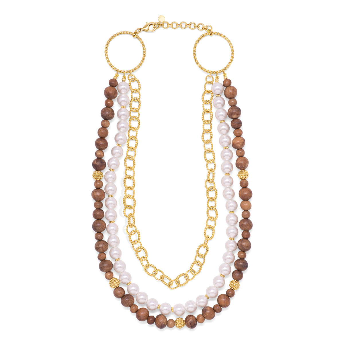 Three strand necklace of gold chain, mother of pearl, and teak.