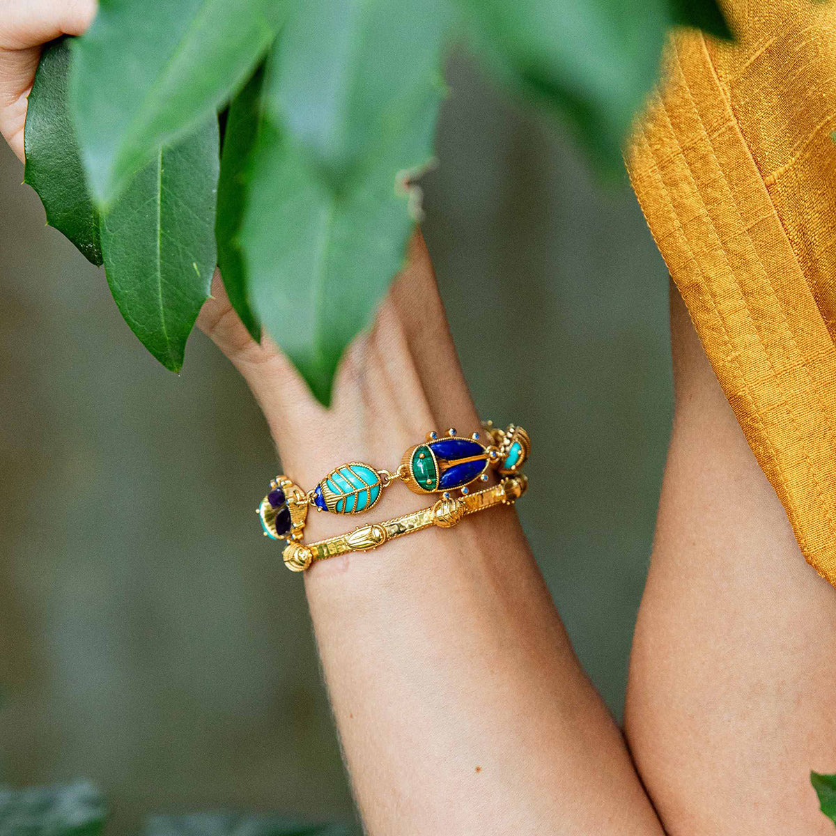 Scarab Family Link Bracelet 7in Multi in multicolor, lifestyle setting