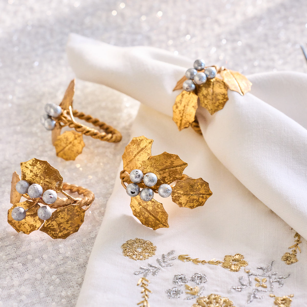 Forest Walk Holly with Berries Napkin Ring Set/4 - Gold/Silver - alternate angle