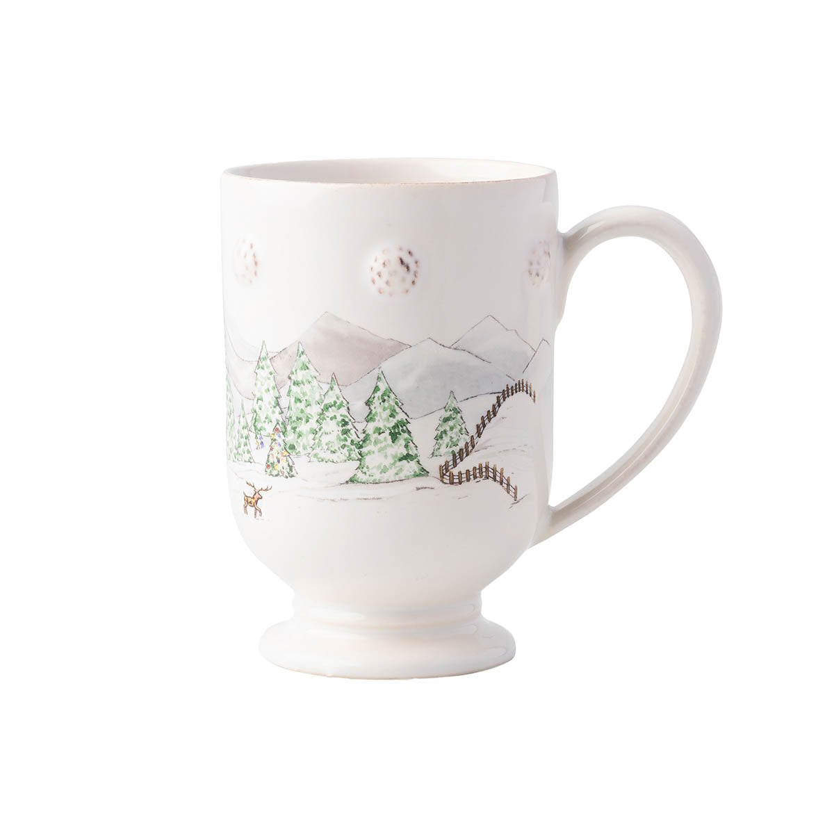 The mythical, folkloric world of the North Pole is hand illustrated atop iconic Berry & Thread shapes in this new holiday collection. Find Santa's cottage depicted on this mug with subtle berry detail.