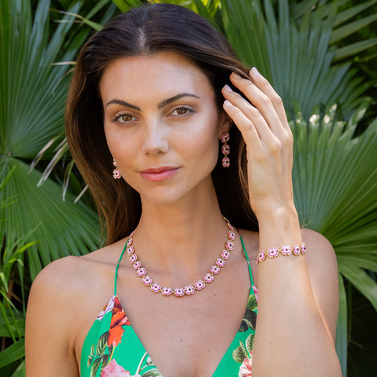 Dianthus Linear Earrings Pink, lifestyle setting