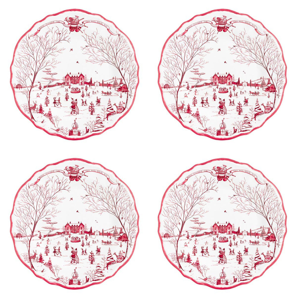 Perfect for a festive kids’ table or the intrepid outdoor winter-entertaining-enthusiast, our beloved holiday pattern by artist Deborah Sears is presented in shatterproof melamine! Featuring a scalloped ruby-hued border with charming seasonal greetings and our Country Estate in full swing with jolly winter celebrations. From kitchen to campfire, this durable dinnerware is designed for easy entertaining, making the holiday season just a dash merrier.