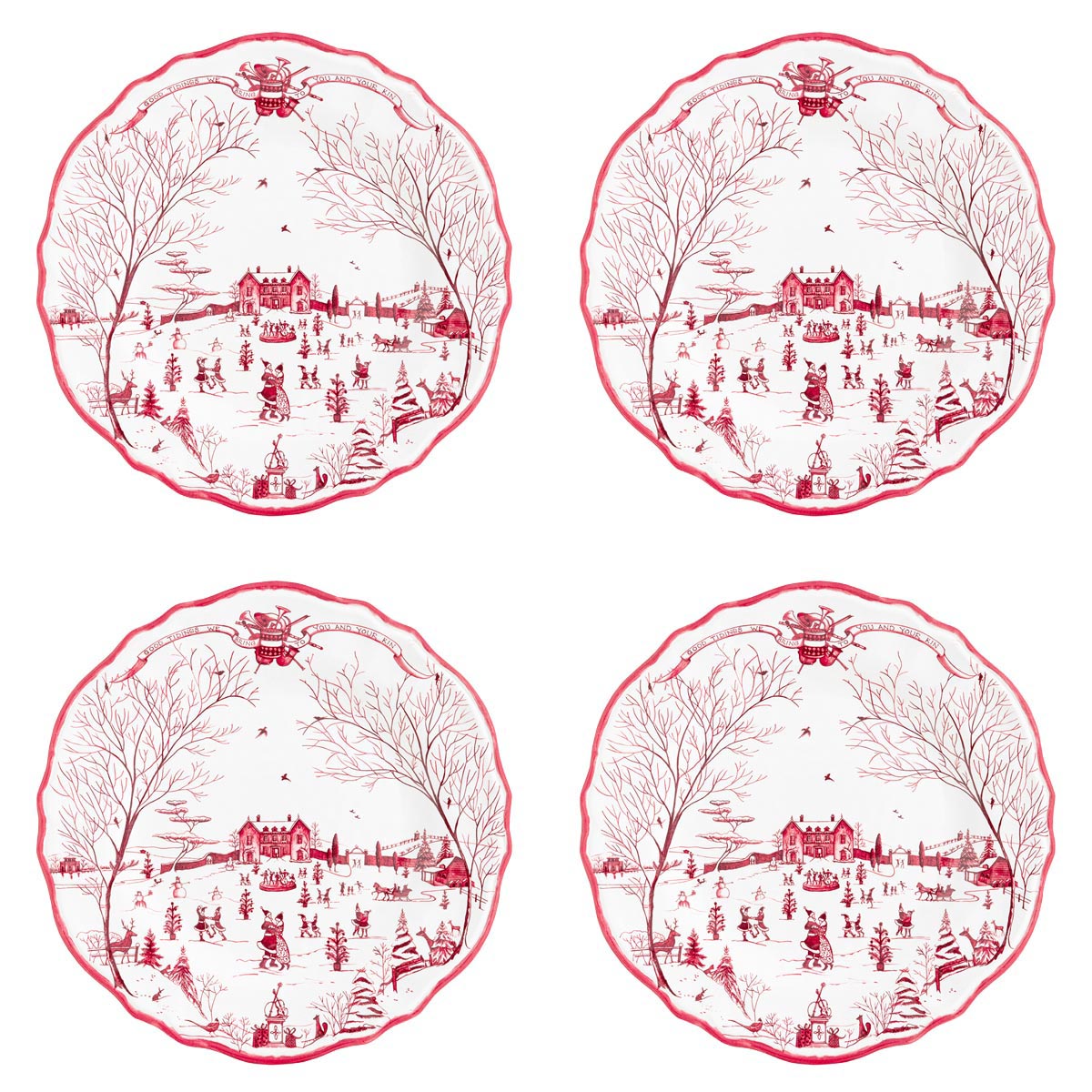 Perfect for a festive kids’ table or the intrepid outdoor winter-entertaining-enthusiast, our beloved holiday pattern by artist Deborah Sears is presented in shatterproof melamine! Featuring a scalloped ruby-hued border with charming seasonal greetings and our Country Estate in full swing with jolly winter celebrations. From kitchen to campfire, this durable dinnerware is designed for easy entertaining, making the holiday season just a dash merrier.