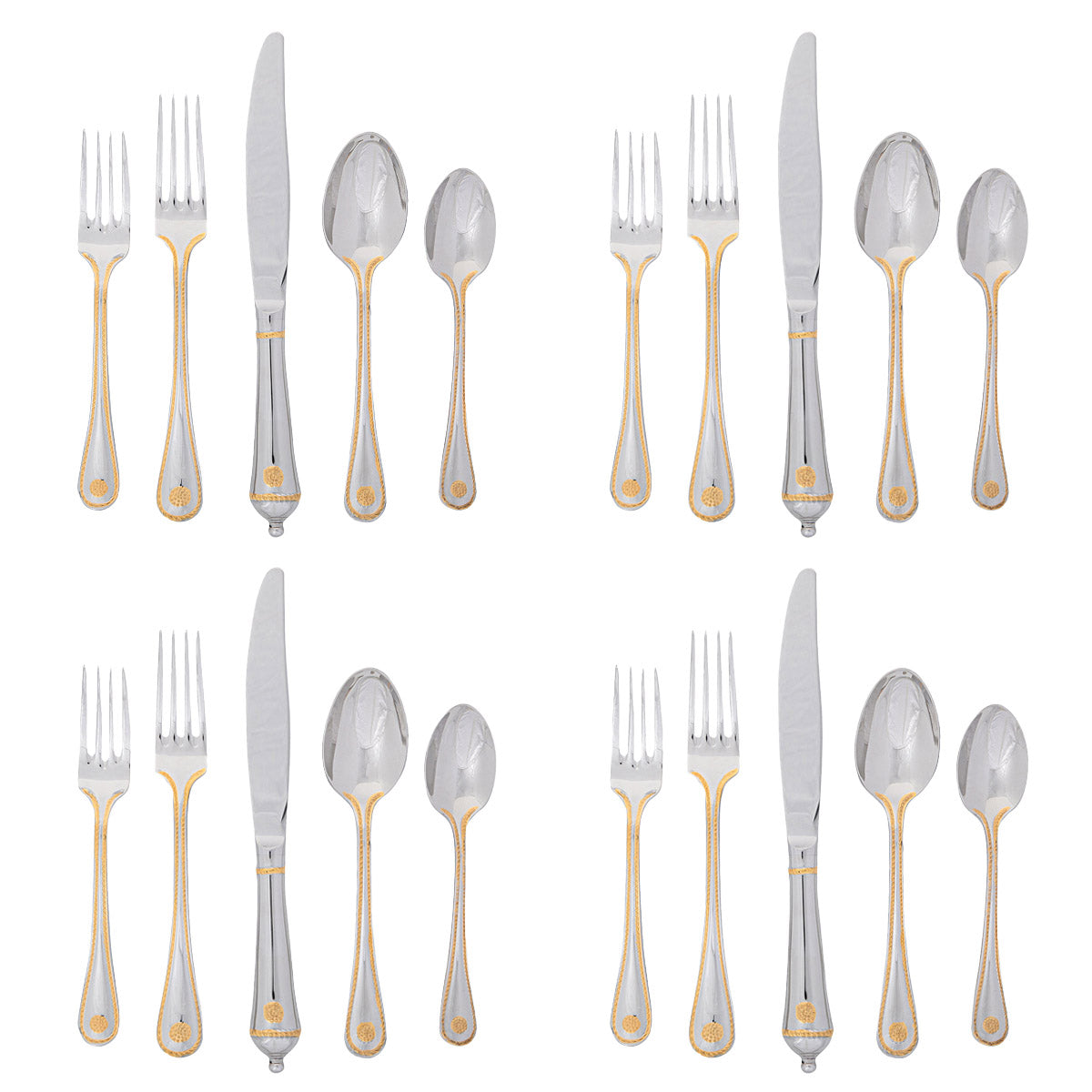 Trimmed in delicate 24-karat gold accents and meticulously designed and crafted in the spirit of old world French tradition, our five piece set Berry &amp; Thread polished flatware set will become a treasured heirloom. Perfectly weighted and classically versatile, this flatware collection brings everyday elegance to your home.