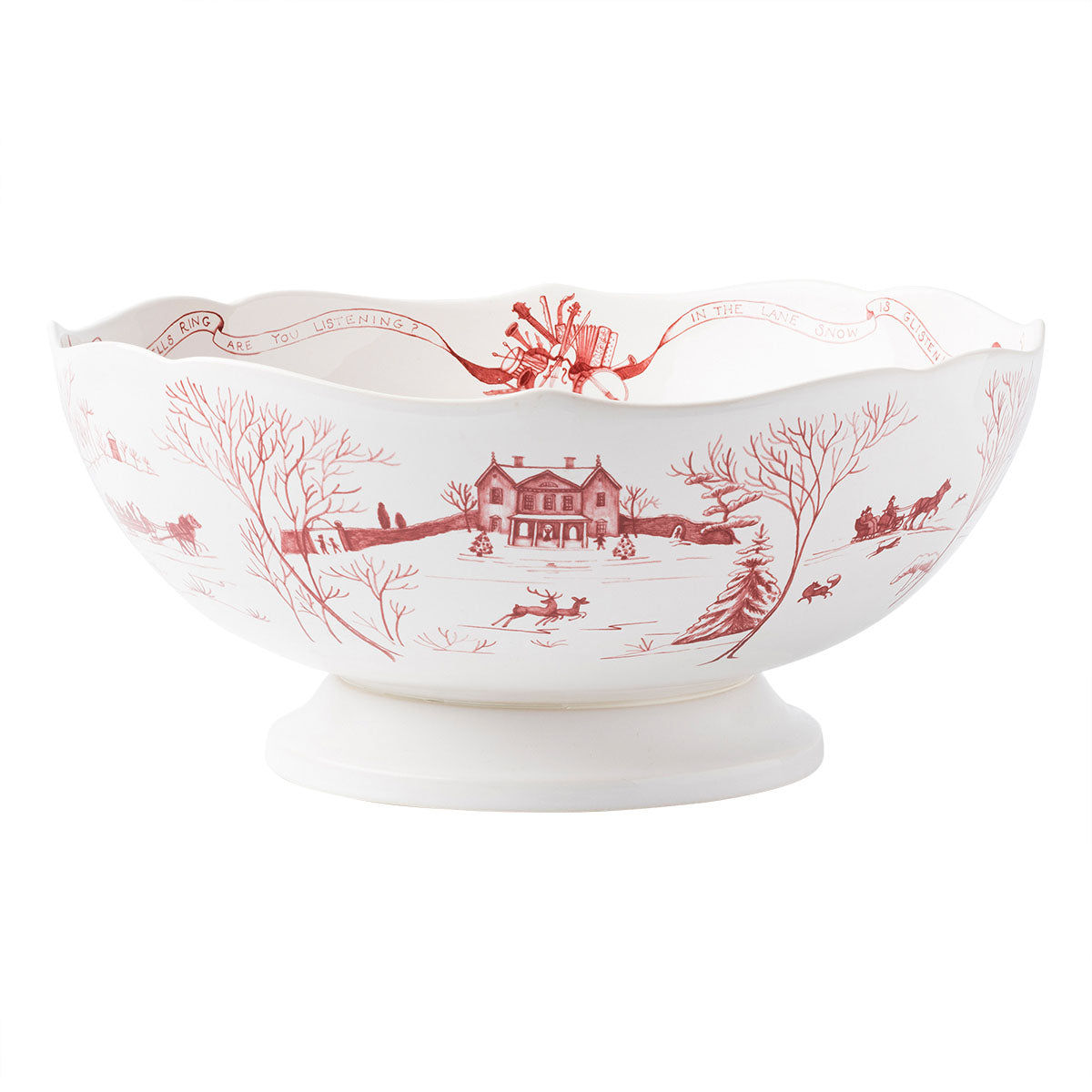 From our Country Estate Collection- Our charming English country estate is snow covered for the holidays! This generous footed centerpiece bowl, ideal for punch or pine cones, depicts musical merry-making and dancing in the estate’s rear gardens.