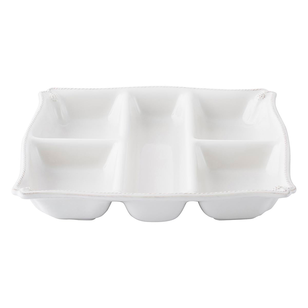 This whitewashed square-shaped serving platter has a central avenue flanked by four compartments.