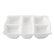 This whitewashed square-shaped serving platter has a central avenue flanked by four compartments.