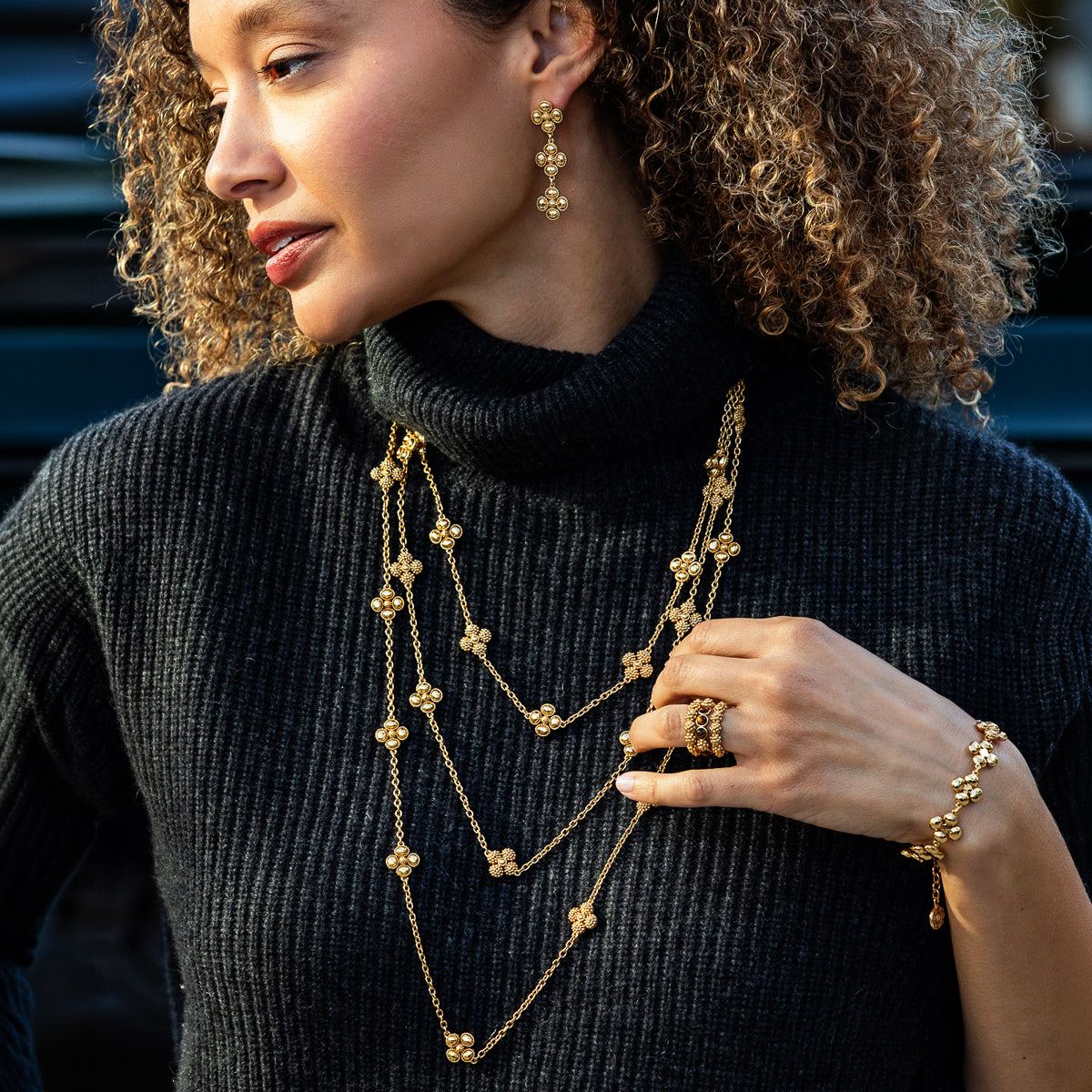 Berry Clover Double Sided Necklace, 28" - Gold full lifestyle of necklace stack 