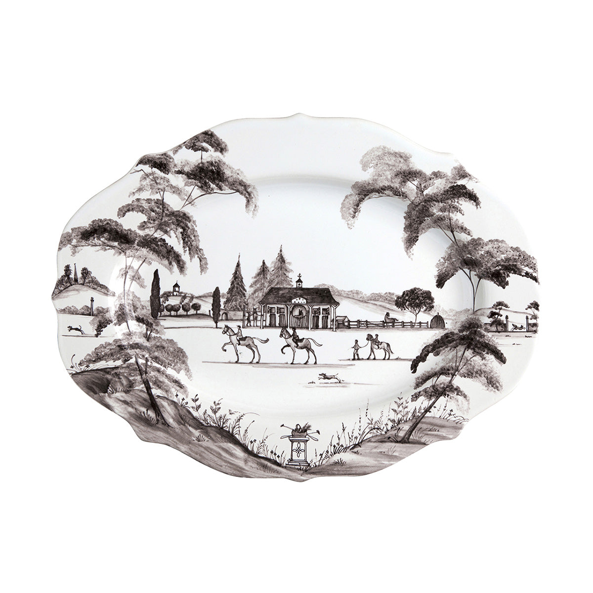 From our Country Estate Collection- Bring a dash of the graceful equine and noble pursuits to the table with this stately serving platter that serves as handsome housing for everything from Sunday roast to an assortment of cheeses.