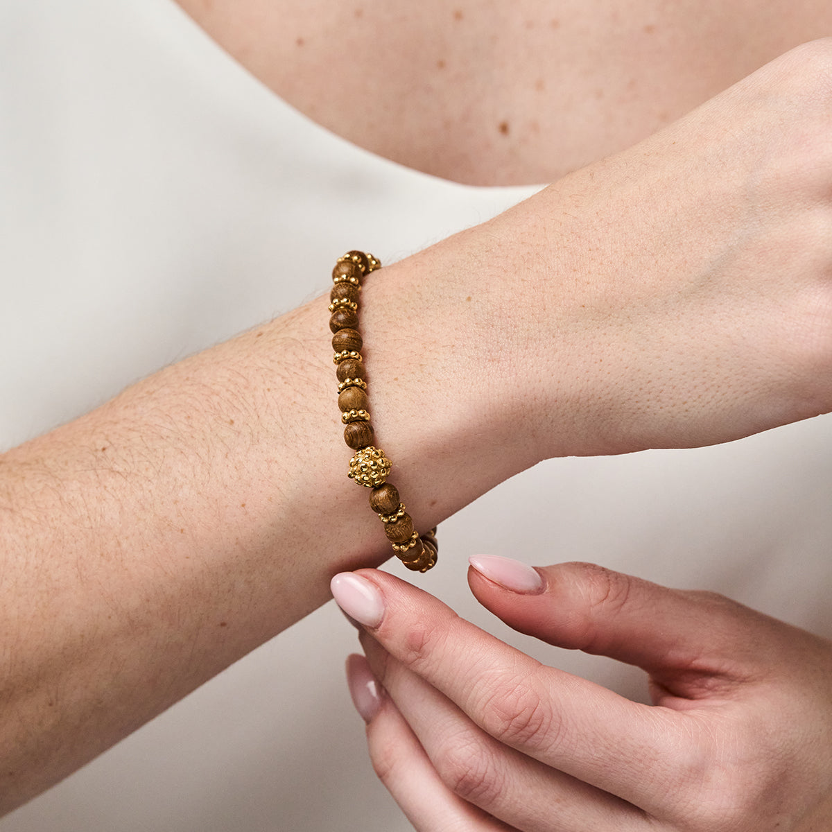 Berry Stretch Bracelet - Teak close up of bracelet on wrist
