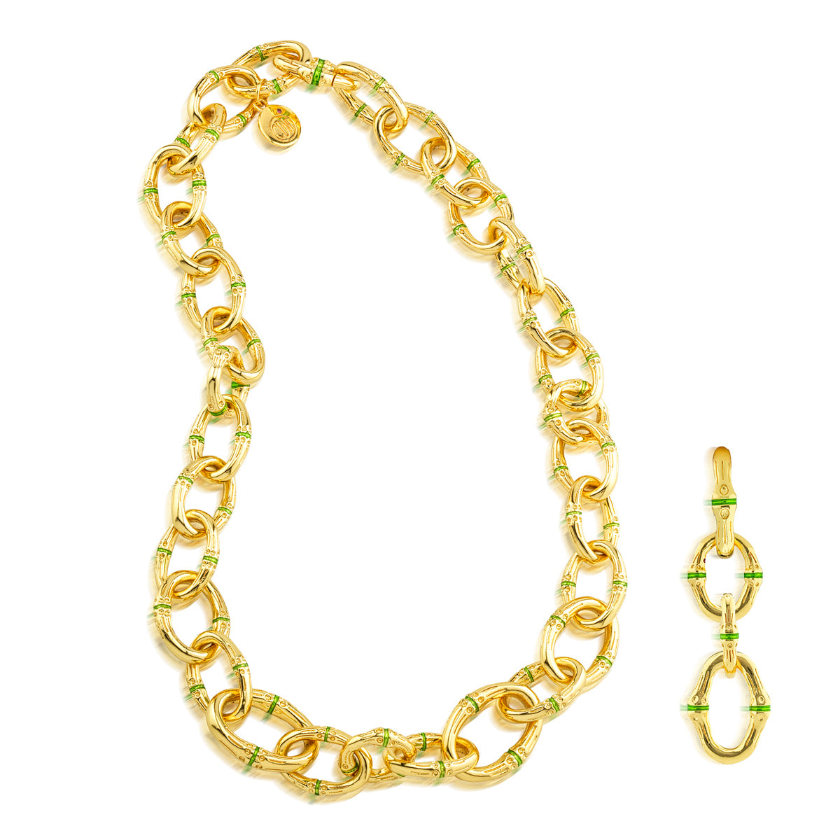 Bangkok Bamboo Link Necklace, 18" - Gold/Green Enamel