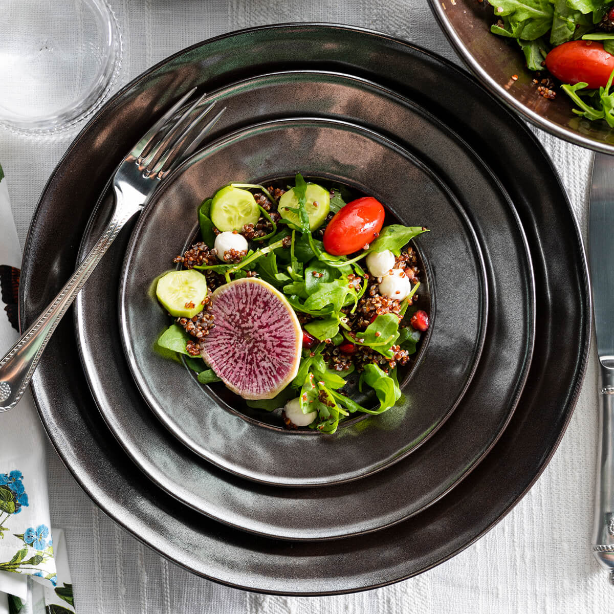 Pewter Stoneware Charger/Platter, styled table setting view