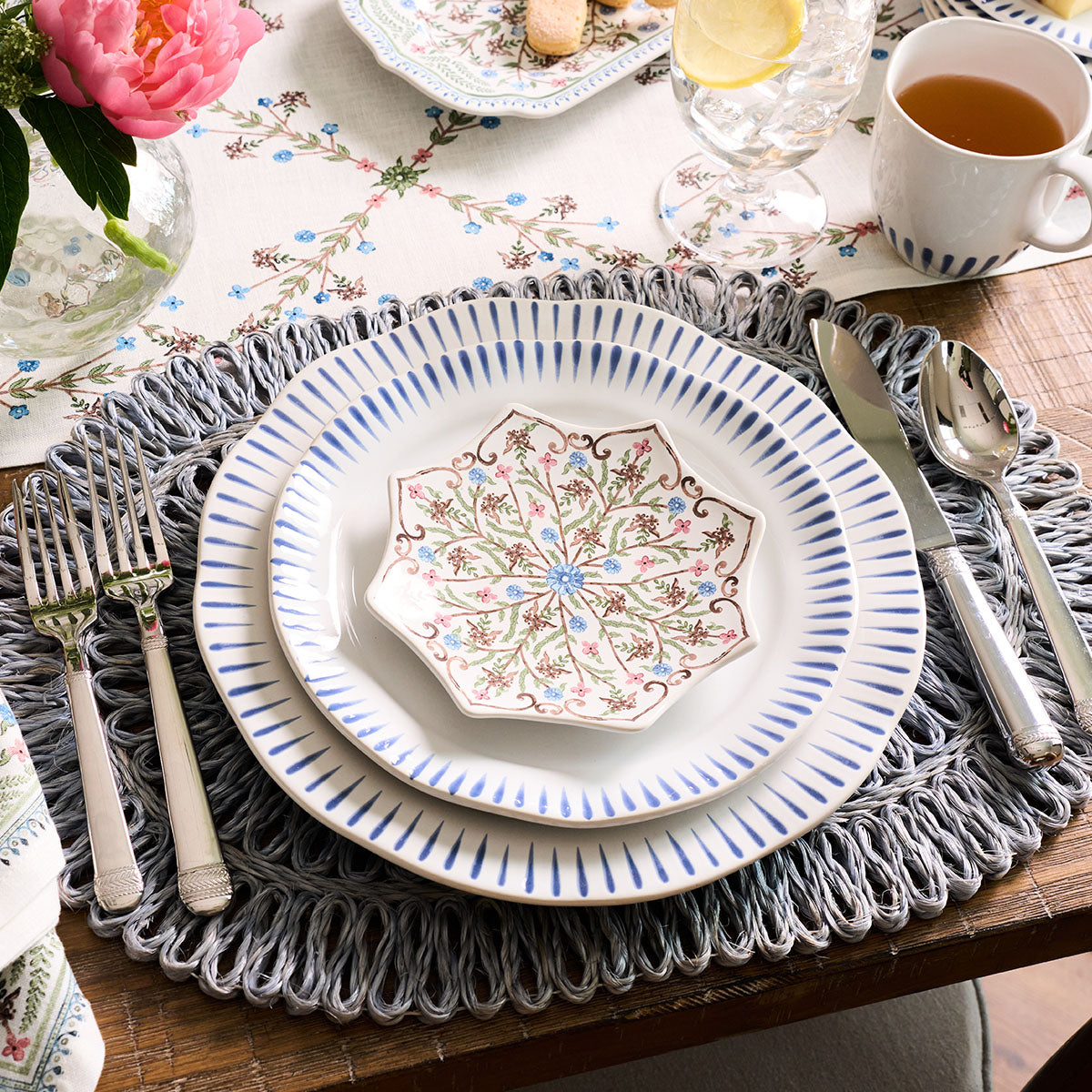 Sitio Stripe 4pc Place Setting - Delft Blue, styled table setting view