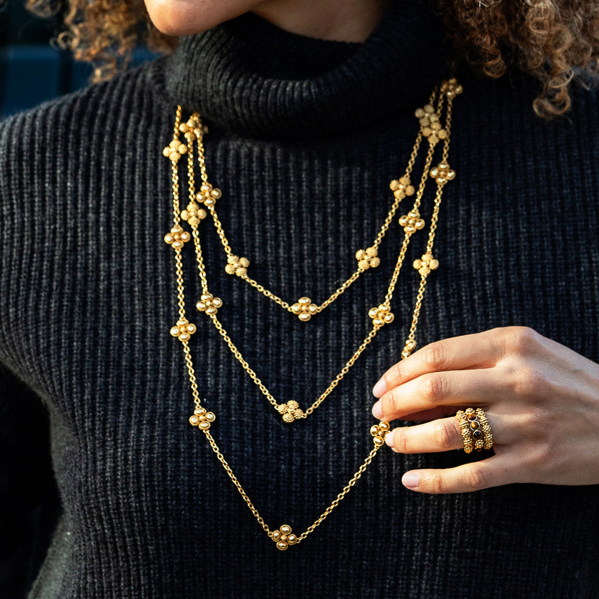 Berry Clover Double Sided Necklace, 28" - Gold lifestyle of necklace stack on model 