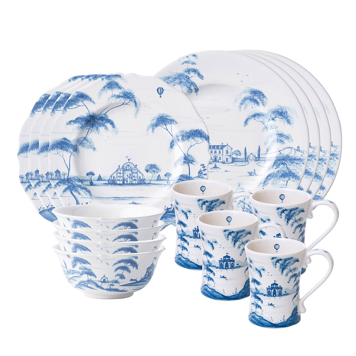 From our Country Estate Collection- Featuring narratives of the English Countryside, our 16 piece setting in Delft Blue contains 4 dinner plates, 4 dessert/salad plates, 4 cereal bowls, and 4 coffee cups.