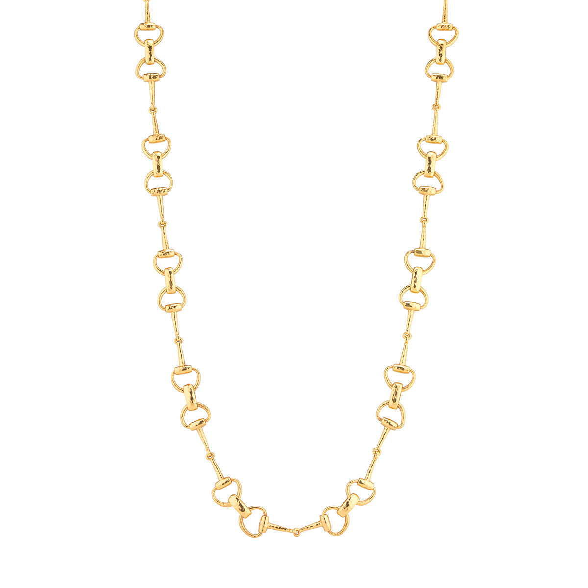 A gold snaffle bit-link chain necklace displayed against a solid white background.