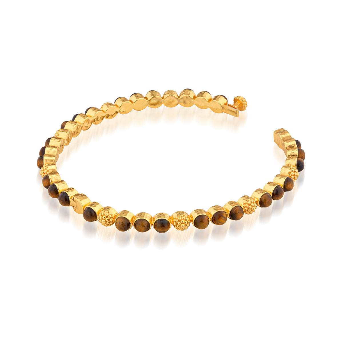 A gold-plated beaded bracelet featuring alternating smooth round beads and textured oval beads, with some dark brown tiger's eye style beads, displayed on a clean white background.