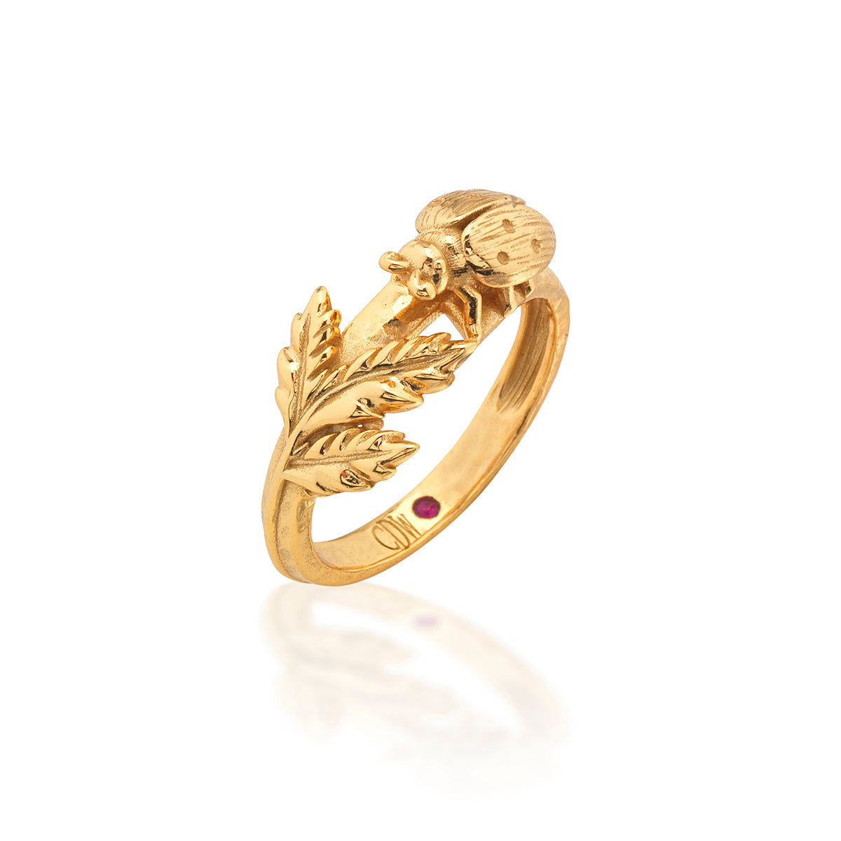 As if it just alighted upon your finger, this lucky ladybug ring in bright gleaming gold features intricate detailing—from its pair of polka-dotted wings to the tiny leaves. This little whimsical work of wearable art is sure to spark conversation at brunch, book club, and cocktail hour in the garden. Go ahead—make a wish!