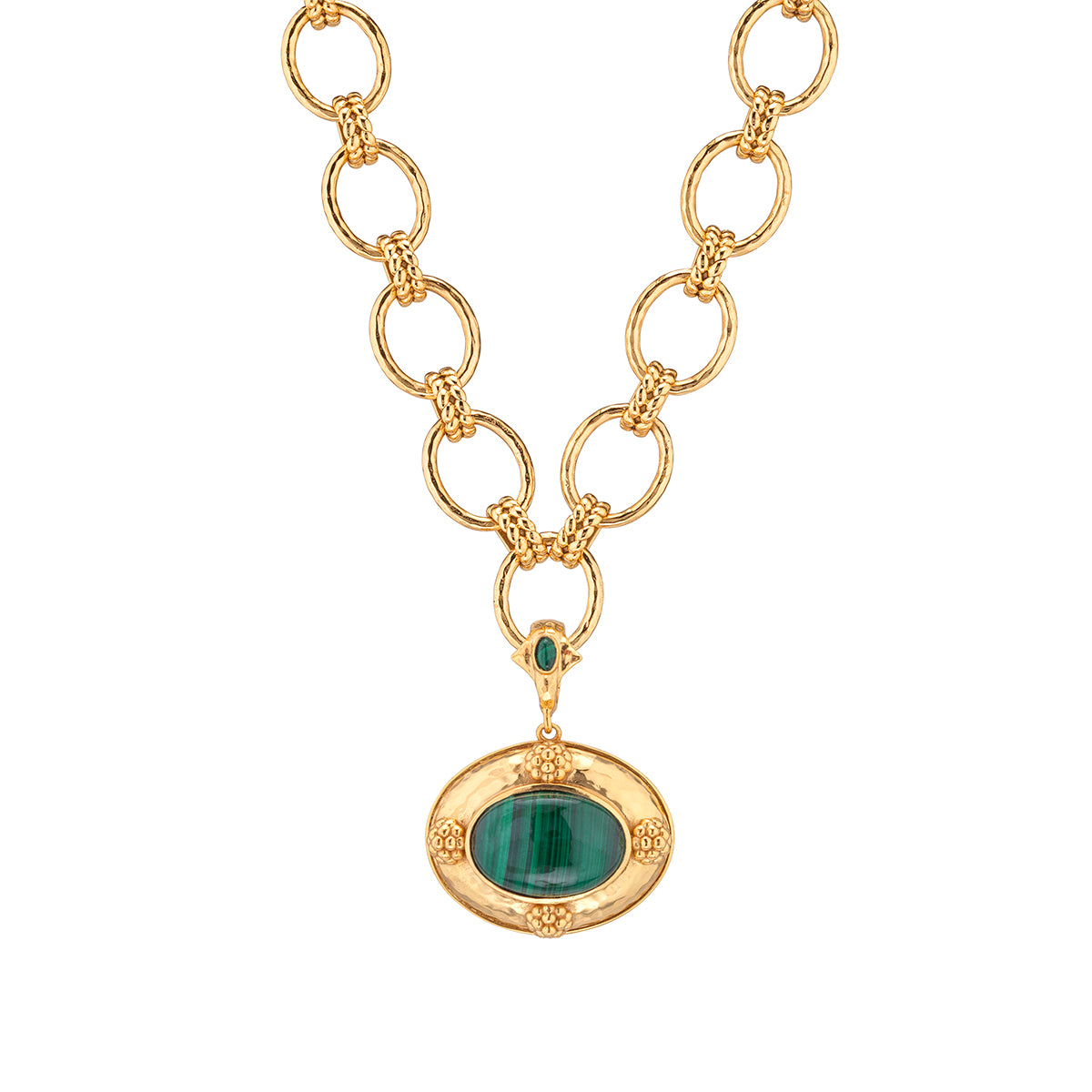 A gold chain necklace with textured oval links and a central gold pendant featuring a green stone in an oval setting, shown on a plain white background.