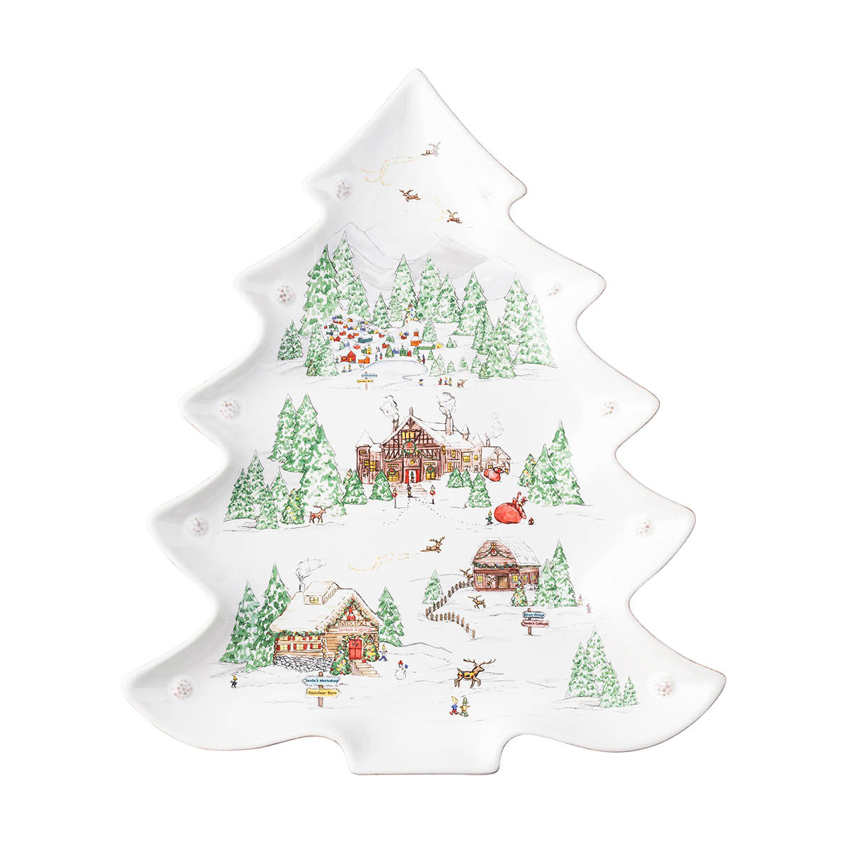 The mythical, folkloric world of the North Pole is hand illustrated atop iconic Berry & Thread shapes in this holiday collection. Find the elves’ village and toy workshop depicted on this tree shaped platter. Fantastic as a gift or to use on your table to serve appetizers, sides, Christmas cookies or cheese and crackers!
