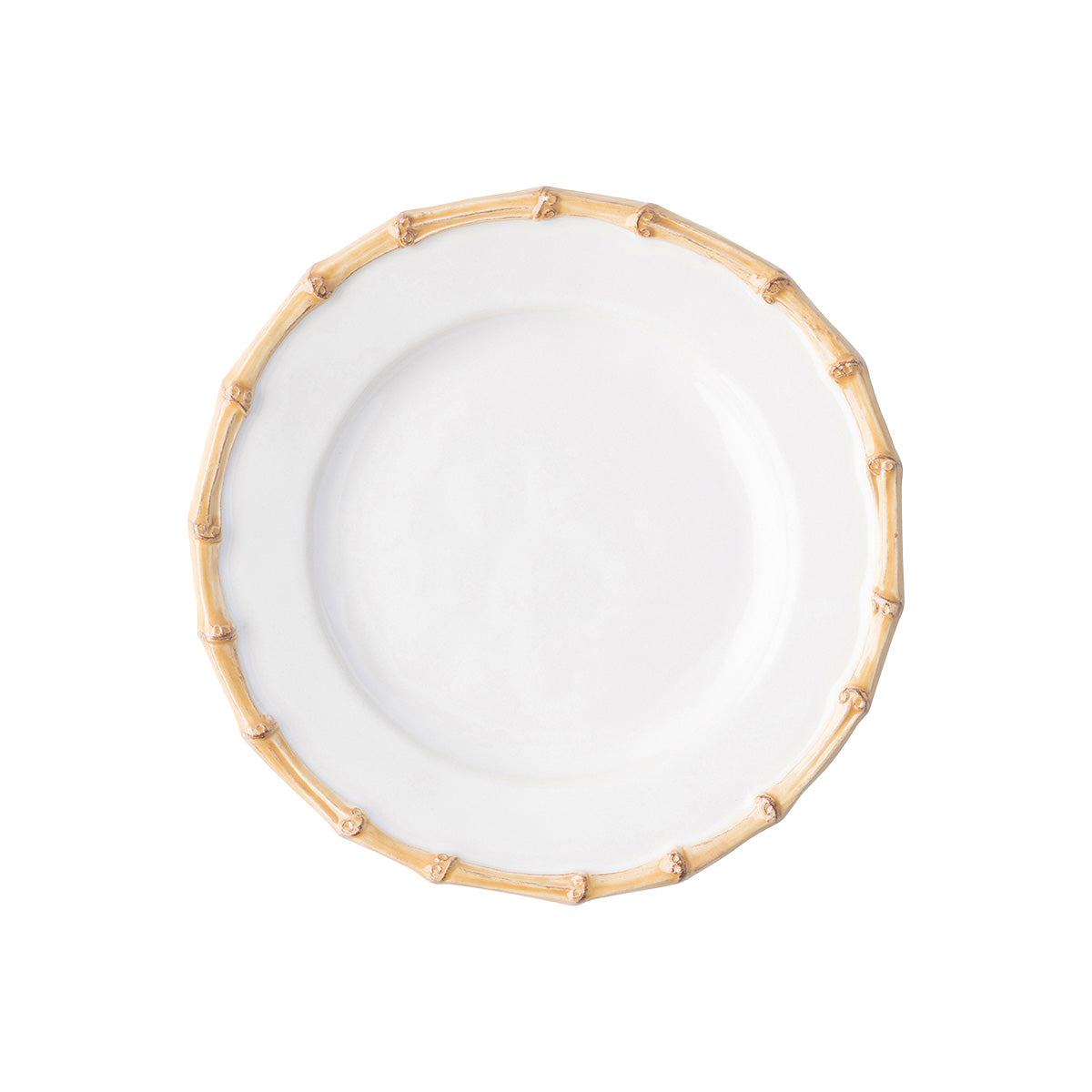 From our Bamboo Collection- This companion plate adds an extra lovely layer to table settings. Our classic bamboo rim pays homage to tradition while a salad served with edible petals adds a modern twist