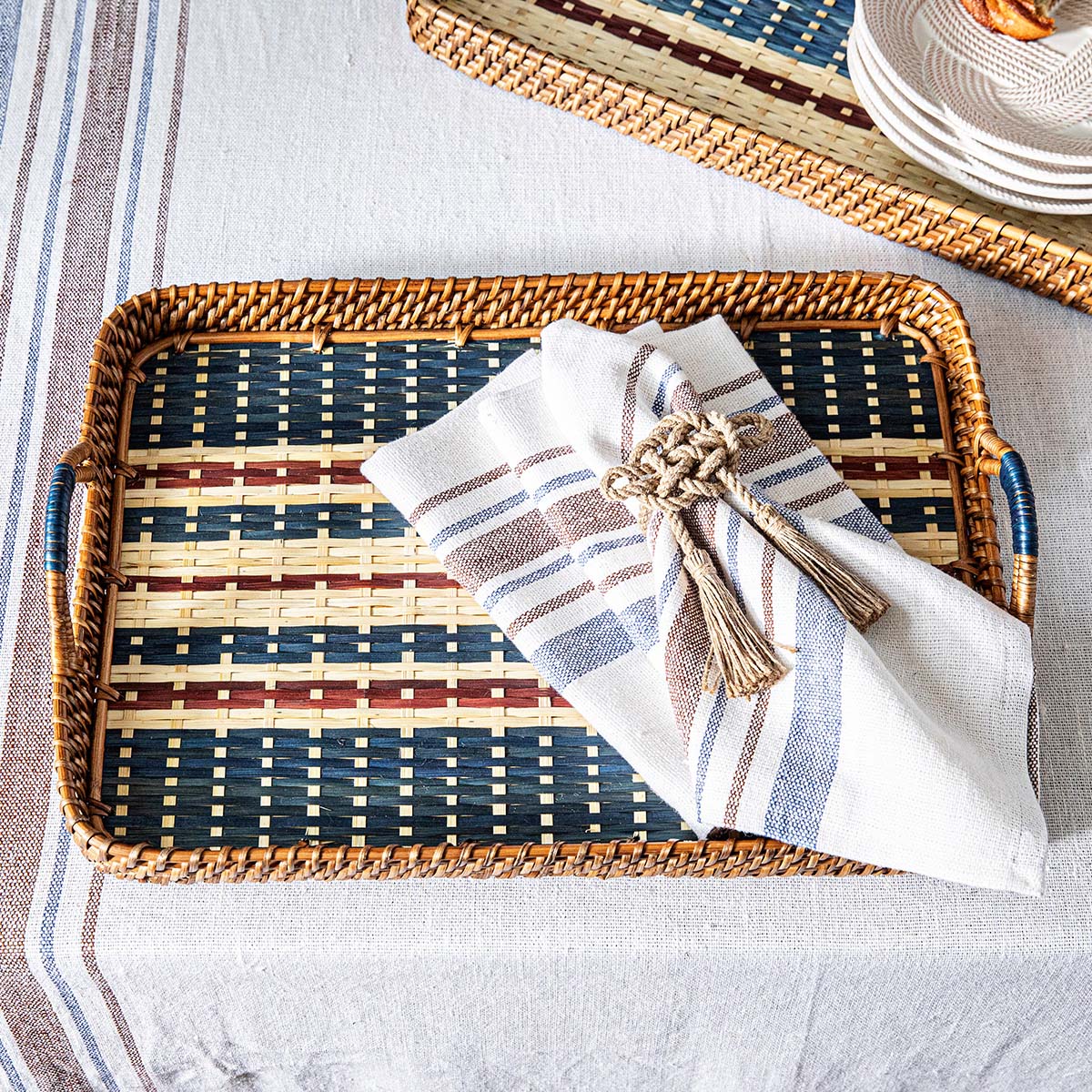 Danish Stripe rattan tray and linen napkins