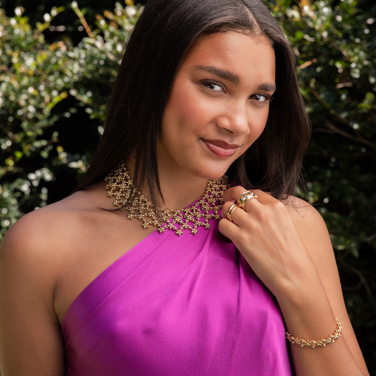 Jasmine Cascade Necklace 16in 2in Pearl White, lifestyle setting