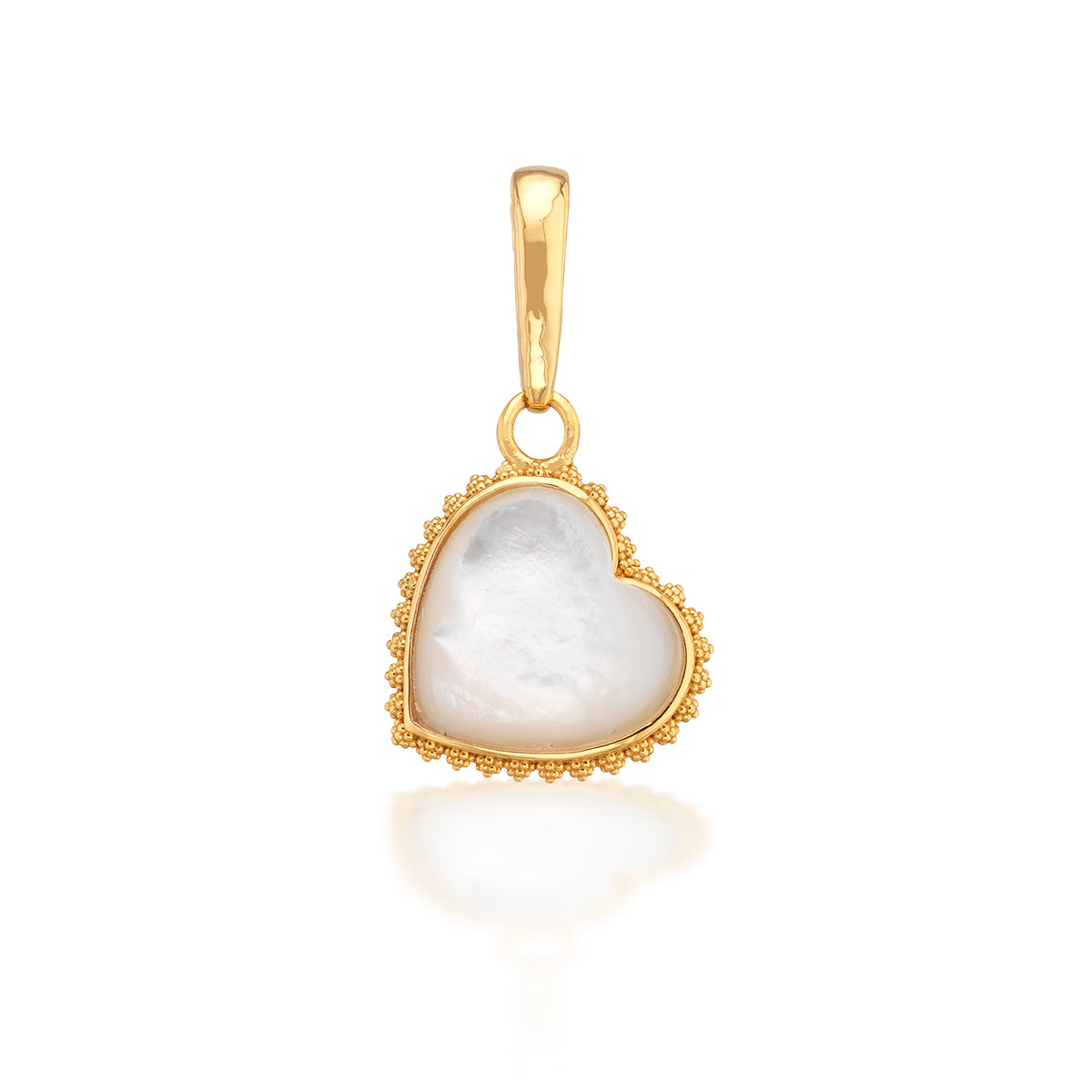 A love token to add to any bracelet or necklace chain, a natural, hand-carved and polished mother of pearl heart trimmed in our signature bright gold twisting thread to carry with you wherever you go. This oversized heart is a statement piece that makes a fabulous gift for your beloved—or yourself!