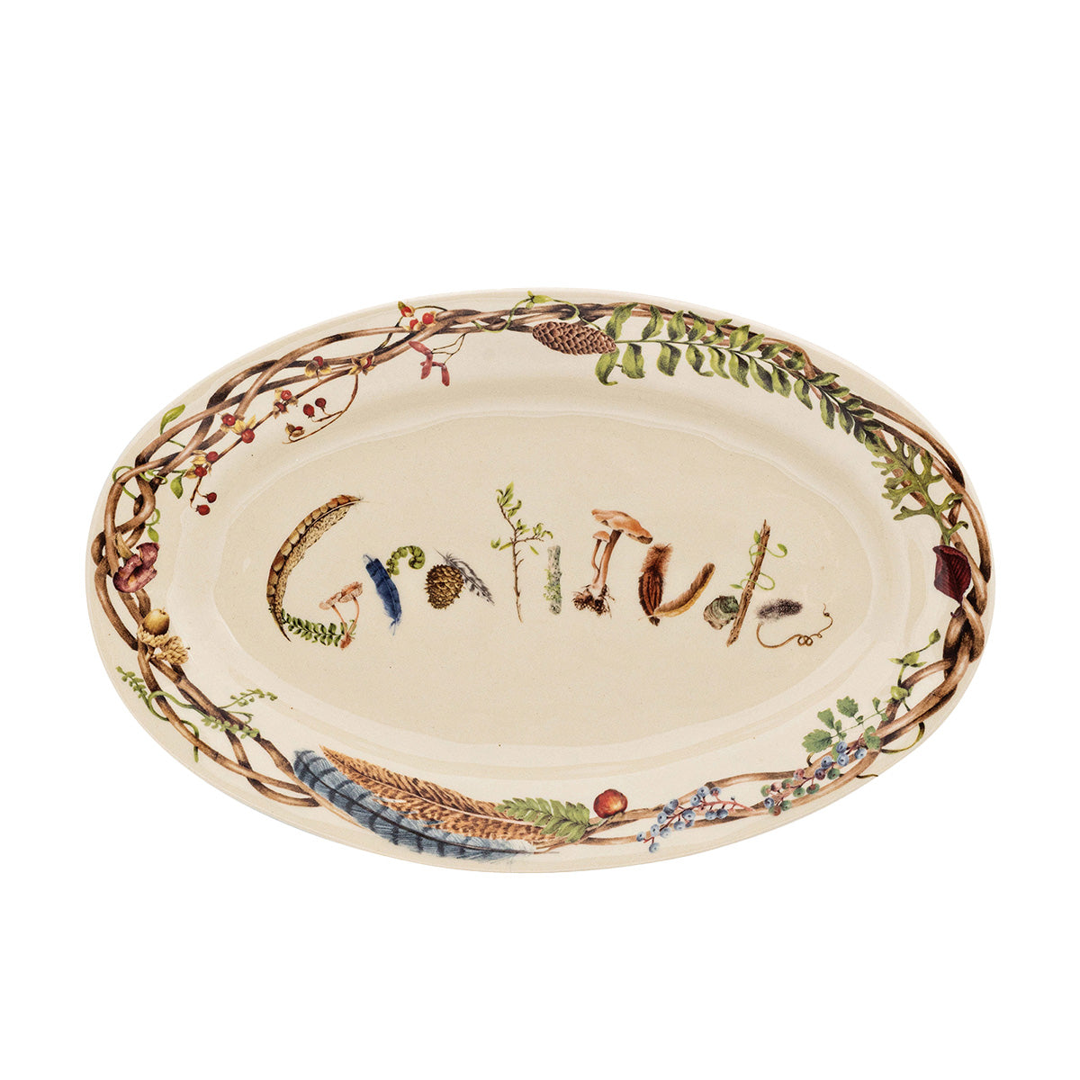 Platter with flora and fauna design along the edge and in the center to spell, "Gratitude."